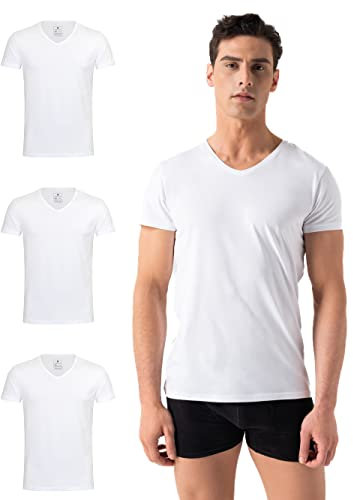 Burnell & Son Herren T-Shirt 3er Pack V-Ausschnitt Unterhemd Herren - Stretch - Kurzarm Shirt Männer aus Baumwolle Basic Slim Fit Weiss L