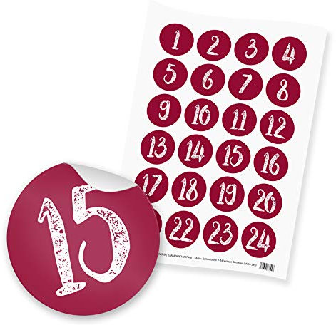 itenga 24x Sticker Zahlen Adventskalender Geschenke Aufkleber Motiv Z49 Vintage - Ziffern von 1 bis 24 Bordeaux
