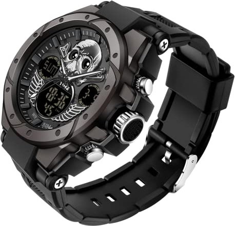 findtime Herren Uhren Digital Militär Sport Outdoor Totenkopf-Motiv Schädel Wasserdicht Timer Chronograph Countdown Tactical Watch Analog Armbanduhr Männer Jungen LED Kalender 12/24H Stoppuhr Wecker