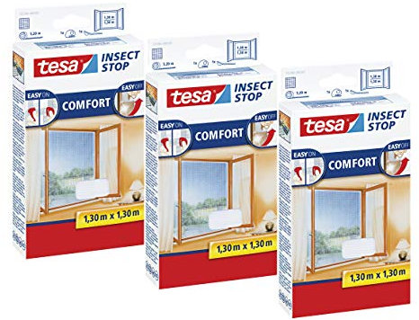 tesa Insect Stop COMFORT Fliegengitter Fenster - Insektenschutz mit Klettband selbstklebend - Fliegen Netz ohne Bohren (130 cm x 130 cm, 3er Pack/Weiß (Leichter Sichtschutz))