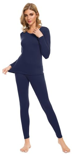 iWoo Womens Thermal Underwear Base Layers Top Leggings Warm Long Sleeve Set Baselayer Cotton Pretty Soft Manufacturer Size 2, (UK Size: S, Navy Blue)