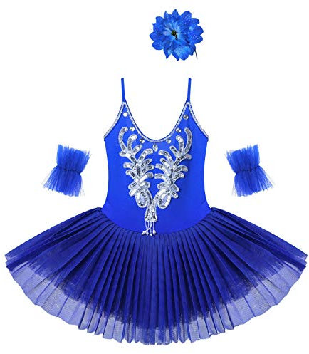 Mufeng Kids Girls 3PCS Sleeveless Rhinestone Sequins Ballet Leotard Tutu Dress with Arm Sleeves Hair Clip Set Dark Blue 5-6 Years