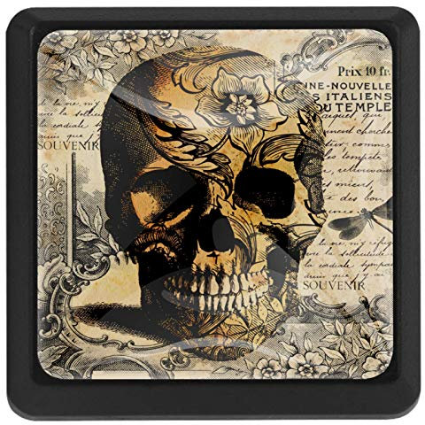 Schubladengriff, Schrank-Türknäufe, 3 Stück, für Schrank, Frisiertisch, mit Schrauben, lächelnder Totenkopf, quadratisch