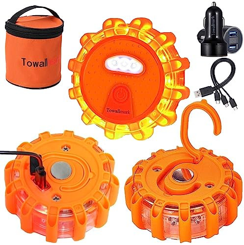 [3 Pack] LED Road Flare, USB Rechargeable Emergency Disc Beacon with 9 Flash Modes, 3 in 1 Charging Cable & Car Charger Roadside Flashing Warning Lights for Car Truck Boats（Batteries Included）