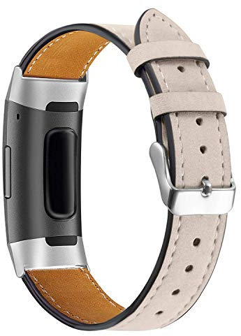 AISPORTS Leder Armband Kompatibel mit Fitbit Charge 3 /Fitbit Charge 4 Armband Damen Herren, Weiches Atmungsaktives Leder Sport Armband Metall Classic Buckle Armband Ersatzband für Fitbit Charge 3/4