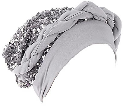 JDYaoYing Kopfbedeckung mit gedrehtem Zopf, Pailletten, Kopfbedeckung für Damen, Kopfbedeckung, Beanie-Mütze, Haarabdeckung, GRAU, 6