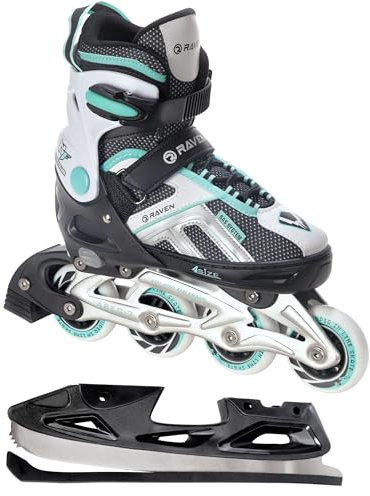 Raven Pulse Inline Skates Inliner für Kinder und Erwachsene OPTIONAL 2in1 mit Schlittschuhen verstellbar (Black/Mint mit Kufen, 37-40 (23,5-26cm))