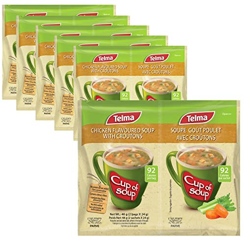 Telma Chicken Flavoured Soup with Croutons – 6 Pack (12 Sachets x 24 grams) – Instant Cup of Soup – 92 Calories – No Preservatives – Kosher Parve – Quick & Easy Meal or Snack – Savoury & Tasty