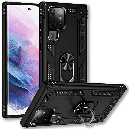 NALIA Panzerhülle für Samsung Galaxy S22 Ultra - Ring-Ständer 360° & Magnet-Halterung Kompatibel - RINGDEFEND (Stoßfestes Outdoor Case) - Marke aus Berlin, Farbe:Schwarz