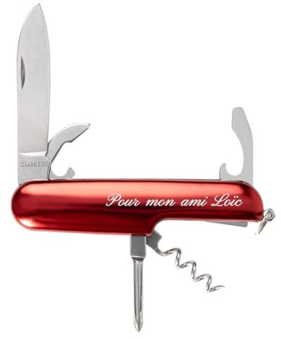 Couteau de poche multifonction rouge avec une gravure texte – Couteau personnalisé multifonctions rouge avec 5 outils - Cadeau personnalisé petit prix