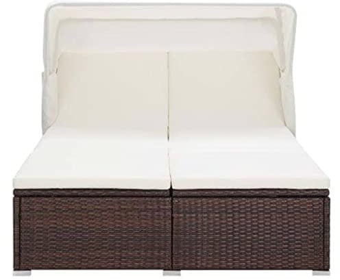 Hommdiy Sonnenliege mit Auflage Klappdach Gartenliege Doppelliege Relaxliege Liege Strandliege Poly Rattan Braun