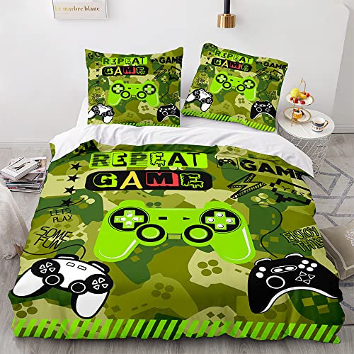 Morbuy Weiche Bettwäsche aus Mikrofaser Bettbezug 135x200 155x220 200x200 220x240 mit Reißverschluss + Kissenbezüge 80x80cm, Gamepad Drucken Bettwäsche-Set (155x220cm,Camouflage grün)