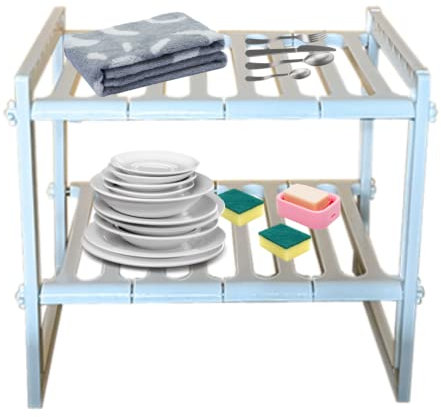 Scaffale Sottolavello per Stoviglie Ripiano Sotto Lavandino Cucina Bagno Mobile Allungabile Modulabile Salvaspazio Porta Spugne Piatti Sapone Asciugamani 2 Ripiani Organizer Lavabo (Bianco)