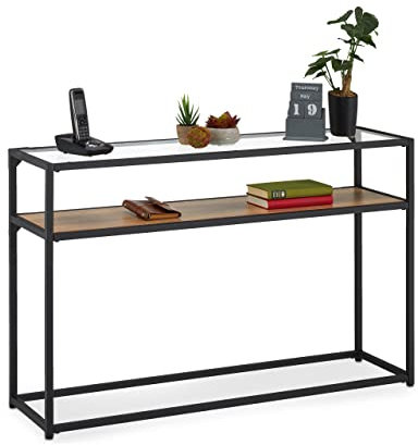 Relaxdays Consola Recibidor, Vidrio, MDF y Metal, 70 x 110 x 30 cm, 2 Baldas, Mesa Entrada y Pasillo, Negro y Marrón, Acero