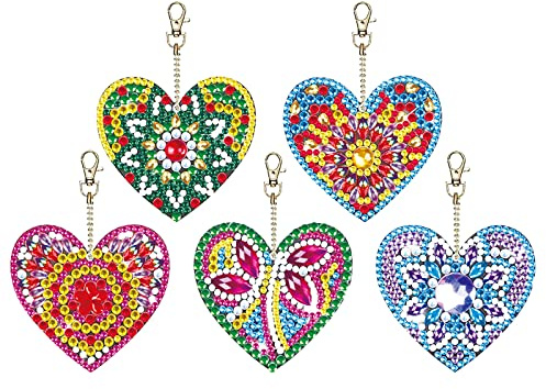 MWOOT 5 Stück 5D DIY Liebe Herz Diamant Malerei Schlüsselbund, Doppelseitig Heart Diamond Art Painting Key Chain Paint by Numbers, Strass Schlüsselring für Souvenir Geschenke Rucksack Dekoration
