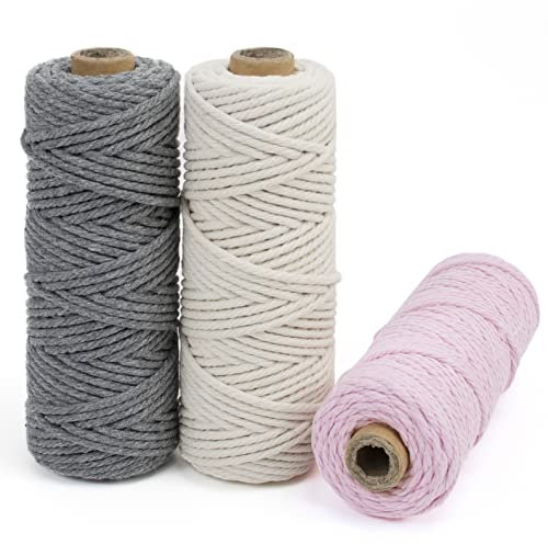 LEREATI Makramee Garn 3mm Set, 150m Makramee-Schnur, Farbig Baumwollseil, Baumwollgarn 3mm zum Makramee Deko, Hängepflanze, Wandbehang, Hochzeitsbogen (Grau, Natürlich, Rosa)