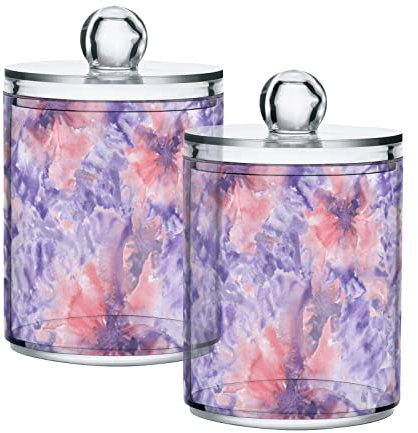 GAIREG Dispensador de almacenamiento de hisopos de algodón con flores rosas moradas, tarros de boticario con tapas para baño, paquete de 2