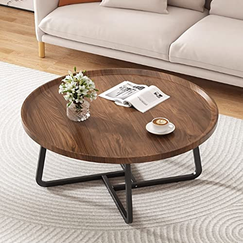 Table Basse Ronde Style Industriel, Simple et Petite pour Salon, Sofa, Hôtel, Appartement - Couleur: Noyer, Taille: 80*80*46cm