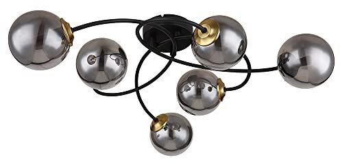 GLOBO Deckenleuchte Wohnzimmerleuchte 6 Flammig rauch Glas Kugeln Deckenlampe Decke schwarz, Metall, G9 Fassungen, LxBxH 52x45x17,5 cm