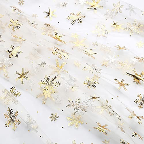 SYSUII 3m * 160cm Chiffon Stoff mit Schneeflocken Dekostoff Kostümstoff zum Nähen glitzernder Durchsichtig Stoff Tüll Pailletten-Stoff für DIY handgemachte Kleidung Hochzeit Kleid Dekoration-Gold