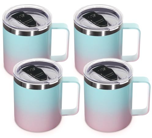 Volhoply 14oz Insulated Stainless Steel Coffee Mug with Lid Bulk 4 Pack,Double Wall Vacuum Travel Coffee Cup with Handle,Reusable Metal Tumbler,Camping Mugs Keep Hot,Christmas Gifts(Green Pink,4)