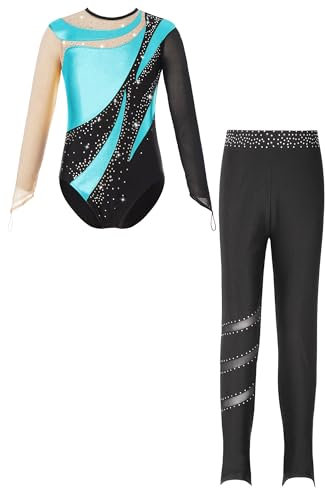 FEESHOW Kinder Mädchen Turnanzug Mit Hose Langarm Glitzer Gymnastik Trikot Tanz Leotard Ballett Body Leggings Set Ballett Tanzkleidung Türkis_A 158-164