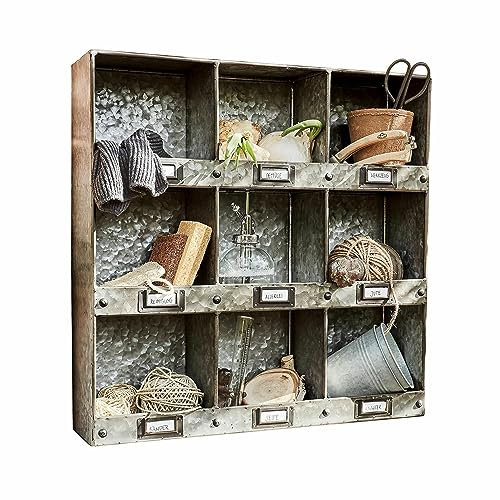 Loberon Wandregal Esttar, im Stil Alter Apothekenregale, Authentischer Vintage-Charme, Charmante Schildchenhalter, Aufbewahrung, Eisen, antiksilber