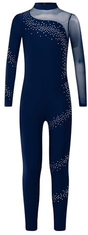 Miutii Turnanzug Mädchen Langarm Gymnastikanzug Glitzer Ballettanzug Kinder Ganzkörper Trikot Eiskunstlauf Body Sport Overall Jumpsuit Marine Blau 158-164