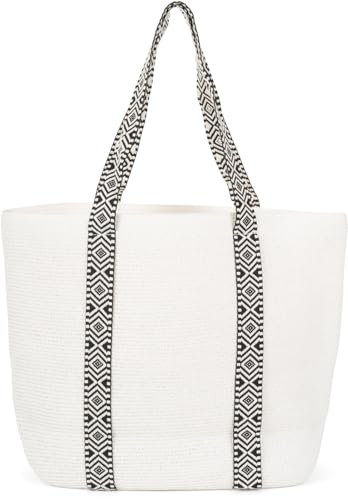 styleBREAKER Bolsa de playa de paja de papel para señoras unicolor con estampado azteca, bolsa tejida con cremallera, bandolera 02012409, color:Blanco