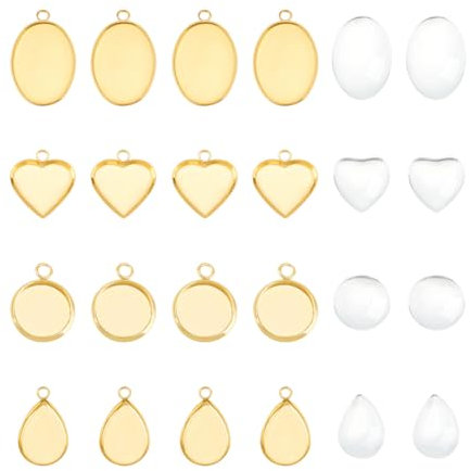 UNICRAFTALE 32 Sets 4 Stile Edelstahl Anhänger Cabochon Rund Oval Herz Tropfenform Blanko Lünette Anhänger Mit Glascabochons Goldene Basis Anhänger Cabochon Fassungen Für DIY Schmuckherstellung
