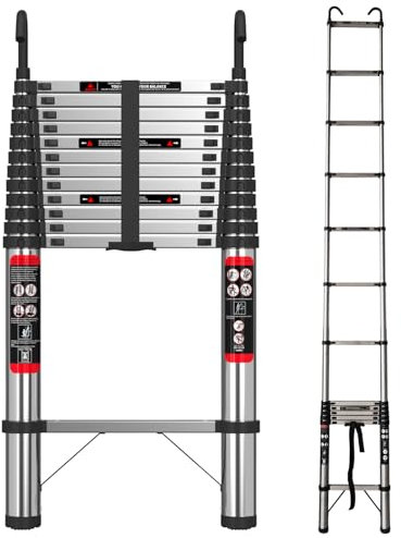 5M Telescopic Stainless Steel Ladder - 16.5FT Extendable Portable Loft Attic Ladder with Detachable Hooks - EN131 Standard for Roofing Business Household Use RV Indoor Outdoor Work