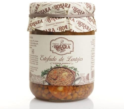 Platos Preparados Estofado de Lentejas Pardina Cocidas con Chorizo, Patata y Zanahoria en Aceite de Oliva, Bote de Cristal 445g, Lentejas Conservas Listas para Comer - Rosara