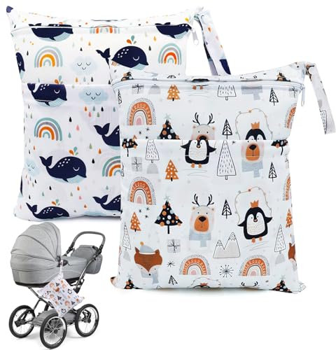 CIYIN Bolsa Pañales Bebe, 2 Piezas Bolsa Impermeable, Wet Bag Pañales, Bolsa de Pañales, Reutilizable Lavable Organizador, para Viajes Playa Piscina Gym (Ballena+Pingüino - 2)