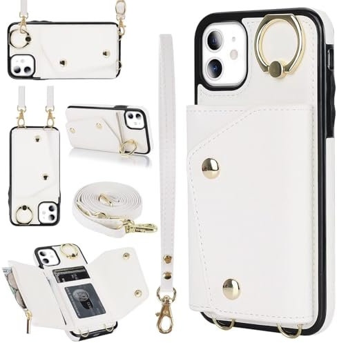 GoodcAcy Coque pour iPhone 12 Mini avec Cordon Porte Carte Coque iPhone 12 Mini zippé Portefeuille Femme Telephone Portable Réglable Collier Housse Étui avec Anneau pour Femmes - Blanc