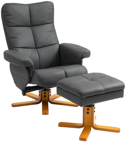 HOMCOM Relaxsessel mit Hocker, 360°drehbarer Fernsehsessel mit Liegefunktion Lesesessel für Schlafzimmer, Wohnzimmer, Kunstleder, Dunkelgrau