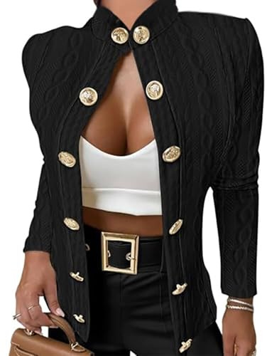 CHICME Women Argyle Cable Cardigan Casual Lightweight Cropped Coat Stand Collar Long Sleeve Metal Button Front Fall Black Jackets-M