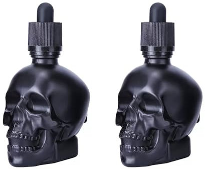 Lot de 2 flacons compte-gouttes noirs de 60 ml avec bouchon de sécurité enfant | Bouteille en verre rechargeable en forme de crâne pour liquides de bricolage, jus, parfum, huile essentielle, bar à