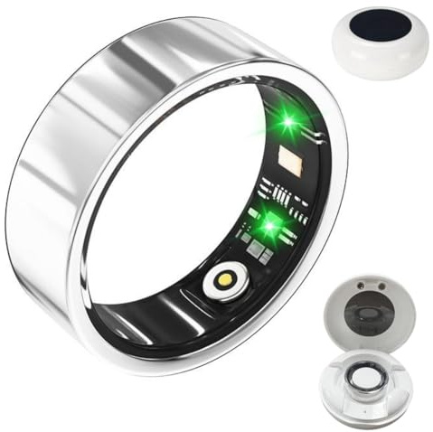Smart Ring, Bluetooth Frauen Männer Smart Ring für Überwachung Schlaf Herzfrequenz Blutdruck Sauerstoff IP68 Wasserdicht Fitness Tracker Ring Kalorien Schrittzähler Drahtlose Gesundheit Ring, Silber