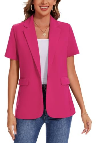 MINTLIMIT Short Sleeve Women's Blazer Flap Pocket Lightweight Notch Lapel Back Vent Business Formal Jacket (Hot Pink M)