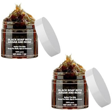 Natürliche African Black Soap, Tiefenreinigende Und Peeling Schwarze Seife Für Weiche Haut Feuchtigkeitsspendende Schwarze Seife Für Gesicht Und Körper Gleichmäßiger Hautton Vegan Und mild (2, 200G)