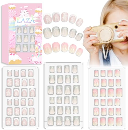 Laza 72pcs Children Nails Press On Pre-glue Full Cover | Full Cover Silver Glitter Stars Pink Heart Short Ombre False Nail Kits for Kids Teenager Girls - Sparkling Sweety