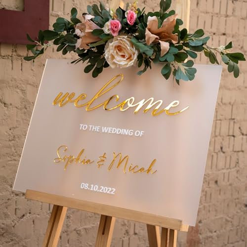 Welcome to Our Wedding – Custom Acrylic Wedding Welcome Sign | 3D Frosted Gold Garden Style | Personalized with Names & Date (Welcome to The wedding of)