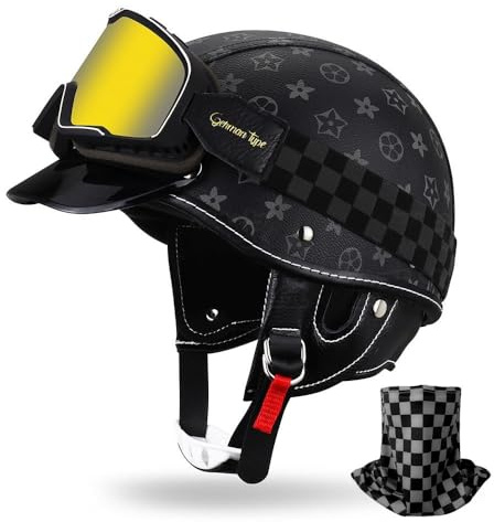 HALYING Retro Halbschalenhelm für Motorrad/Cruiser/Scooter ECE22.06 -Zertifizierter, Abnehmbarem Nackenschutz, Atmungsaktives Innenfutter für Damen/Herren Mofa Helm Chopper Helm Jethelm