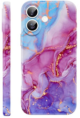 Foonary for iPhone 16 6.1''Cute Phone Case, Marble Pattern Aesthetic Phone Case for Women Girls, Comfortable Grip Slim Shockproof Bumper Military-Grade Protection Cover, Purple