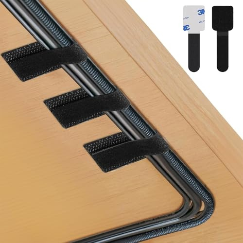 50-Pack Self-Adhesive Cable Tidy Clips & Hook-and-Loop Straps, Under-Desk Wire Organiser, Black Small, for TV/PC/Laptop/Ethernet/Home Office