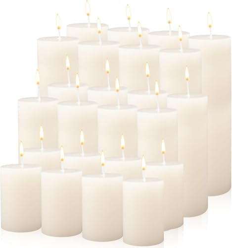 Lot de 24 Bougies Piliers Ivoire Non Parfumées, 3 Tailles, Anti-goutte et Sans Fumée pour Mariage, Cérémonie, Veillée, Urgence, Décoration Maison, 24/45/60h de Combustion