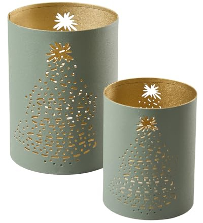 Deko Windlicht 2er Set Weihnachten - Metall Laterne Tannenbaum-Muster - Edle Weihnachtsdeko für Innen (Gold/Mint)