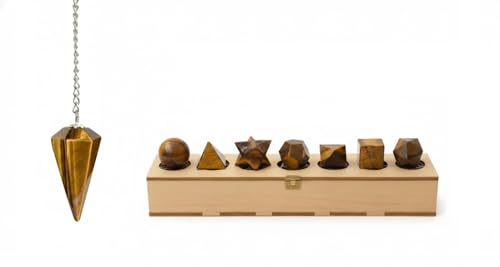KULIA Platonische Körper Set, 7-teilig, Dekorative Holzbox mit Tigerauge-Kristallpendel, Spirituelle Heilsteine, Chakra-Ausgleich, Edelsteine, Set, Weihnachtsgeschenk