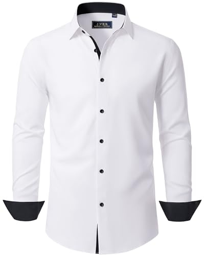 J.VER Mens White Shirt Fashion Dress Long Sleeve Slim Fit Stretch Non Iron Business Casual Wedding Formal Shirt XL