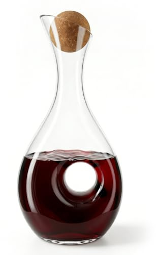 Vessyn Hand-Blown Crystal Wine Decanter with Cork Stopper, 1.2L Lead-Free Red Wine Carafe Aerator with Unique Donut-Shaped Handle, Elegant Centerpiece & Wine Lover Gift